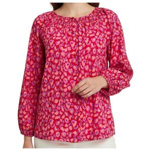 Tucker Silk Blend Blouse Coral Floral Smocked L